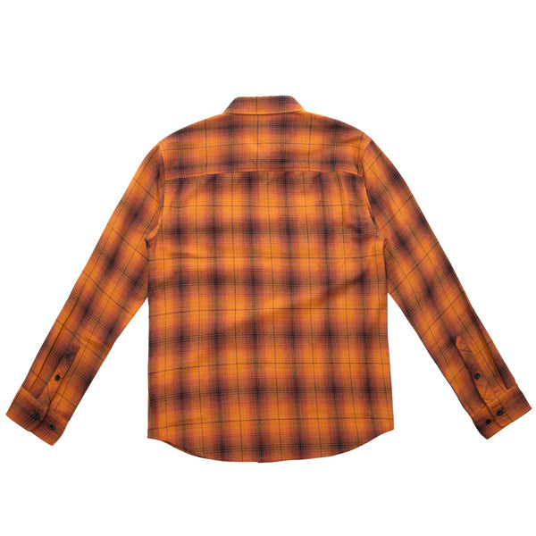Professional studio photo of Fasthouse Saturday Night Special Flannel; showing flannel shirt fit, button front, and plaid pattern; SKU 3297920304