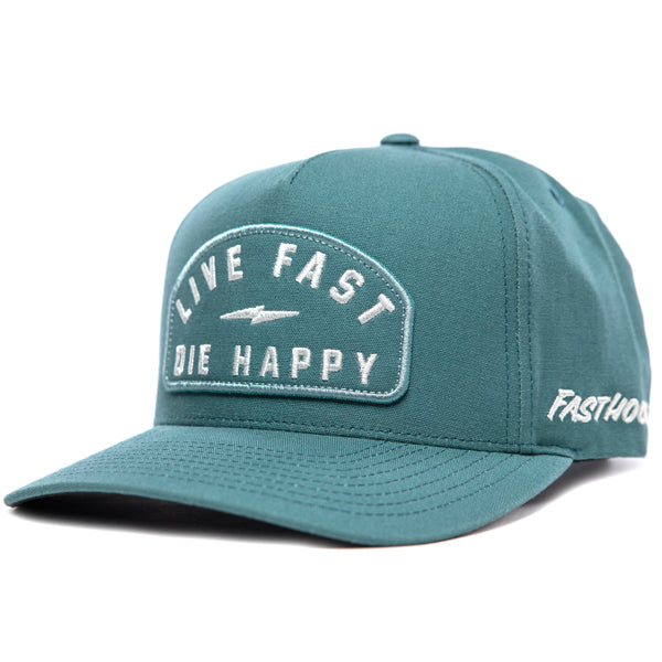 Fasthouse Wired Hat SKU 3321098 in teal blue, structured snapback cap with curved bill, featuring embroidered patch on front reading