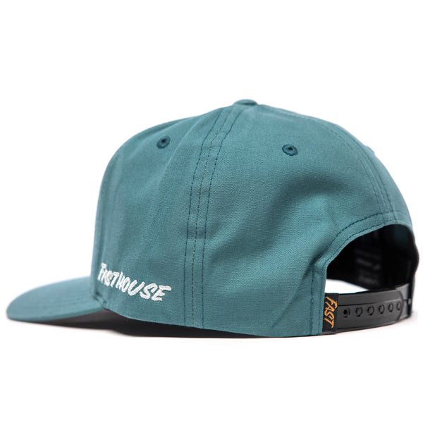 Rear view of Fasthouse Wired Hat SKU 3321098 in teal with adjustable snapback closure and orange FAST tag detail, designed for motocross riders and casual moto wear.