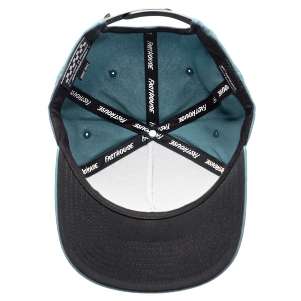 Inside view of Fasthouse Wired Hat SKU 3321098 showing black sweatband and interior taping with repeated Fasthouse branding, structured snapback design built for motocross lifestyle durability.