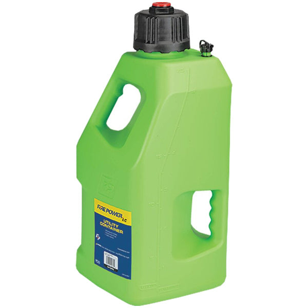 Fire Power LC Utility Container 5 Gallon in Green with dual handles and gallon/liter markings. Available colors: White, Green, Orange, Black. UPC 191361427640; SKU 300-00903.