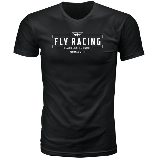 High-resolution studio image of Fly Racing Motto Tee; showing tee fit, printed graphics, and crew neckline; SKU 352-0060S; Colors: BLACK, NATURAL