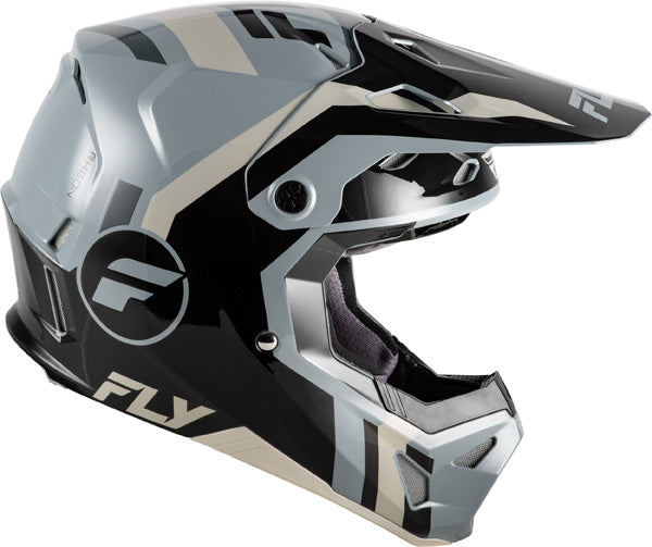 Studio view of fly racing formula cp seal helmet, in black and grey and light grey, on a white studio background, | Fly Racing - Formula CP Seal Helmet | SKU 73-0040 | Colors: White/Black/Red, Black/Grey/Light Grey, Navy Blue/Grey, Matte Stone/Khaki/Olive | Sizes: XS to 2X | Available at BTO Sports