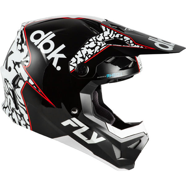 Studio view of fly racing formula cp dbk helmet, in black and white and red, on a white studio background, | Fly Racing - Formula CP DBK Helmet | SKU 73-0044 | Colors: Black/White/Red | Sizes: XS to 2X | Available at BTO Sports