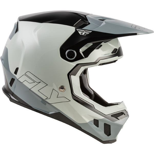 Studio view of fly racing formula cc glide helmet youth, in black and red and grey, on a white studio background, | Fly Racing - Formula CC Glide Helmet (Youth) | SKU 73-4352 | Colors: Purlpe/Stone/Black, Grey/Light Grey/Black, Blue/Light Grey/Grey, Black/Red/Grey | Available at BTO Sports