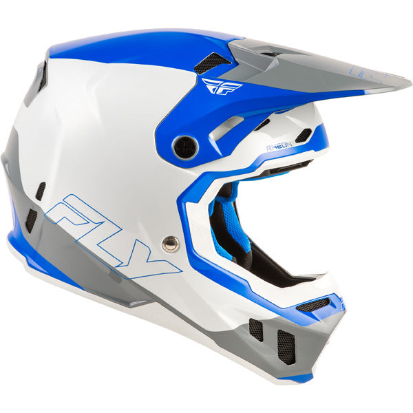 Studio view of fly racing formula cc glide helmet youth, on a white studio background | Fly Racing - Formula CC Glide Helmet (Youth) | SKU 73-4352 | Colors: Purlpe/Stone/Black, Grey/Light Grey/Black, Blue/Light Grey/Grey, Black/Red/Grey | Available at BTO Sports