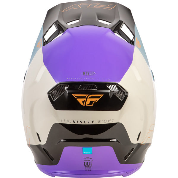 Studio view of fly racing formula cc glide helmet, in blue and light grey and grey, on a white studio background, | Fly Racing - Formula CC Glide Helmet | SKU 73-4352 | Colors: Purlpe/Stone/Black, Grey/Light Grey/Black, Blue/Light Grey/Grey, Black/Red/Grey | Sizes: XS to 2X | Available at BTO Sports