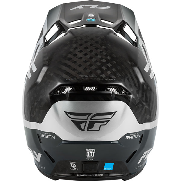 Studio view of fly racing formula s carbon byte helmet, in black carbon and grey and silver, on a white studio background, | Fly Racing - Formula S Carbon Byte Helmet | SKU 73-4450 | Colors: Black Carbon/Grey/Silver, Blue Carbon/Blue/White, Black Carbon/Teal/Lime, Red Carbon/Red/Grey | Sizes: XS to 2X | Available at BTO Sports