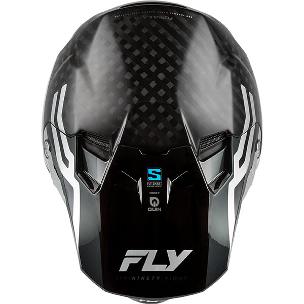 Studio view of fly racing formula s carbon byte helmet, in black carbon and grey and silver, on a white studio background, | Fly Racing - Formula S Carbon Byte Helmet | SKU 73-4450 | Colors: Black Carbon/Grey/Silver, Blue Carbon/Blue/White, Black Carbon/Teal/Lime, Red Carbon/Red/Grey | Sizes: XS to 2X | Available at BTO Sports