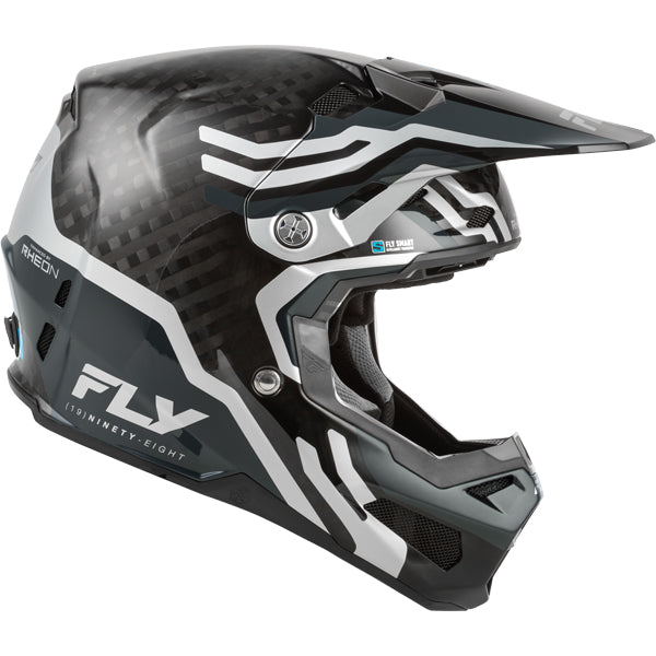 Studio view of fly racing formula s carbon byte helmet, in black carbon and grey and silver, on a white studio background, | Fly Racing - Formula S Carbon Byte Helmet | SKU 73-4450 | Colors: Black Carbon/Grey/Silver, Blue Carbon/Blue/White, Black Carbon/Teal/Lime, Red Carbon/Red/Grey | Sizes: XS to 2X | Available at BTO Sports