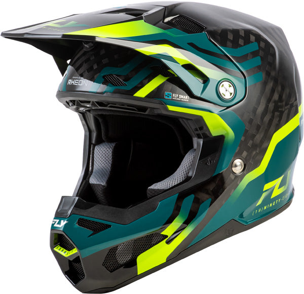 Studio view of fly racing formula s carbon byte helmet-youth, on a white studio background | Fly Racing - Formula S Carbon Byte Helmet (Youth) | SKU 73-4450 | Colors: Black Carbon/Grey/Silver, Blue Carbon/Blue/White, Black Carbon/Teal/Lime, Red Carbon/Red/Grey | Available at BTO Sports