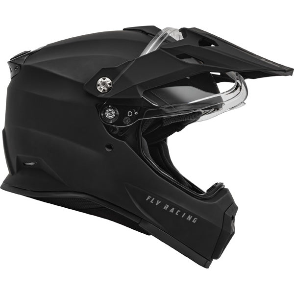 Studio view of fly racing trekker solid helmet, in matte black, on a white studio background, | Fly Racing - Trekker Solid Helmet | SKU 73-7035 | Colors: Matte Black, Grey, White | Sizes: XS to 2X | Available at BTO Sports