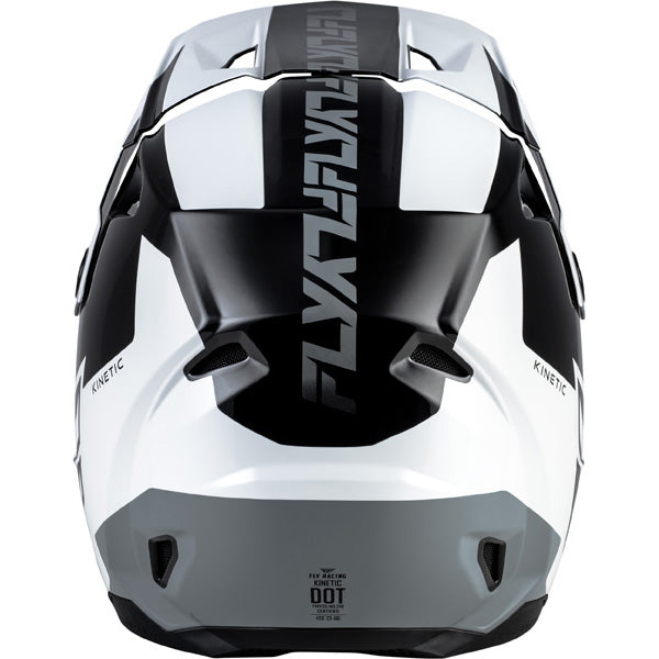 Studio view of fly racing kinetic crest helmet, in black and white and grey, on a white studio background, | Fly Racing - Kinetic Crest Helmet | SKU 73-8674 | Colors: Red/Black/White, Grey/Black/Blue, Black/White/Grey, Grey/Black/Hi-Vis | Sizes: XS to 2X | Available at BTO Sports