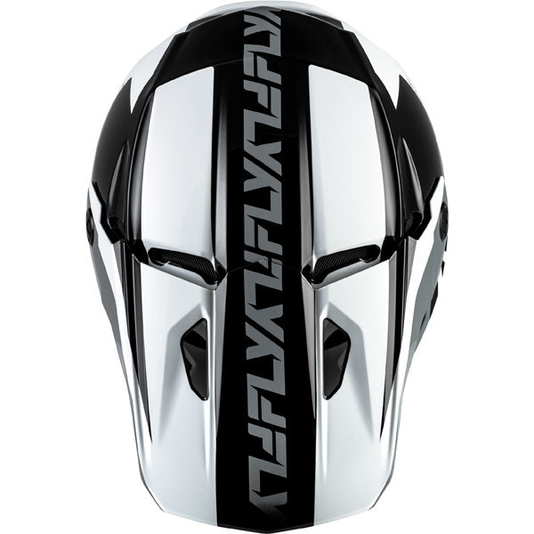 Studio view of fly racing kinetic crest helmet, in black and white and grey, on a white studio background, | Fly Racing - Kinetic Crest Helmet | SKU 73-8674 | Colors: Red/Black/White, Grey/Black/Blue, Black/White/Grey, Grey/Black/Hi-Vis | Sizes: XS to 2X | Available at BTO Sports