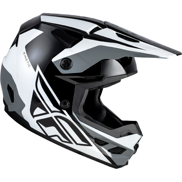 Studio view of fly racing kinetic crest helmet, in black and white and grey, on a white studio background, | Fly Racing - Kinetic Crest Helmet | SKU 73-8674 | Colors: Red/Black/White, Grey/Black/Blue, Black/White/Grey, Grey/Black/Hi-Vis | Sizes: XS to 2X | Available at BTO Sports
