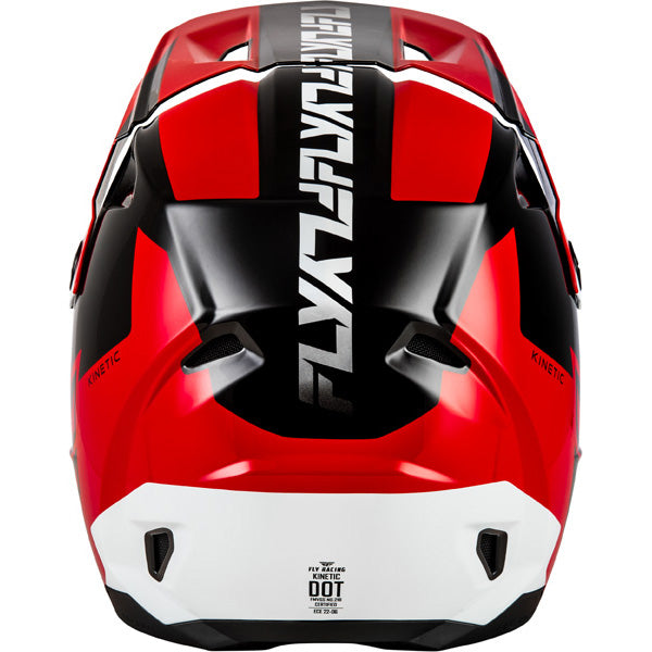 Studio view of fly racing kinetic crest helmet, in red and black and white, on a white studio background, | Fly Racing - Kinetic Crest Helmet | SKU 73-8674 | Colors: Red/Black/White, Grey/Black/Blue, Black/White/Grey, Grey/Black/Hi-Vis | Sizes: XS to 2X | Available at BTO Sports