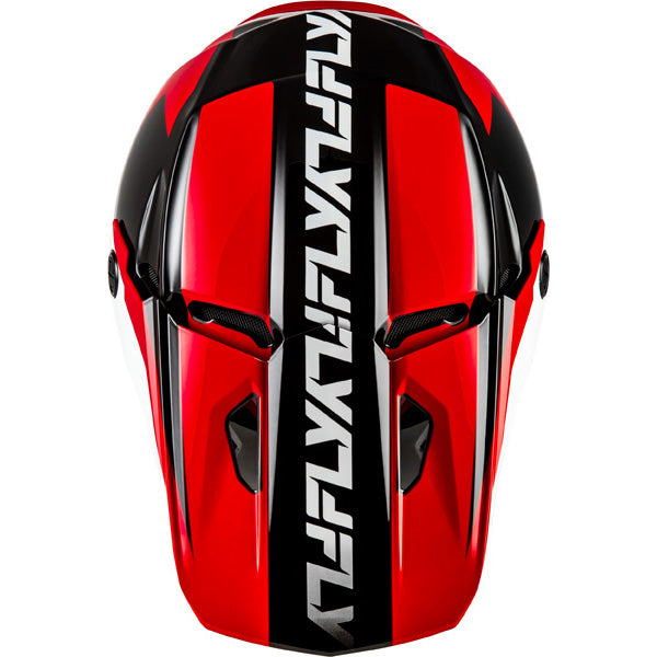 Studio view of fly racing kinetic crest helmet, in red and black and white, on a white studio background, | Fly Racing - Kinetic Crest Helmet | SKU 73-8674 | Colors: Red/Black/White, Grey/Black/Blue, Black/White/Grey, Grey/Black/Hi-Vis | Sizes: XS to 2X | Available at BTO Sports