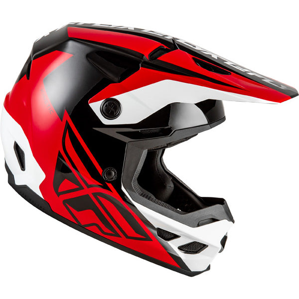 Studio view of fly racing kinetic crest helmet, in black and white and grey, on a white studio background, | Fly Racing - Kinetic Crest Helmet | SKU 73-8674 | Colors: Red/Black/White, Grey/Black/Blue, Black/White/Grey, Grey/Black/Hi-Vis | Sizes: XS to 2X | Available at BTO Sports