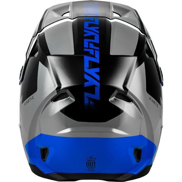 Studio view of fly racing kinetic crest helmet, in red and black and white, on a white studio background, | Fly Racing - Kinetic Crest Helmet | SKU 73-8674 | Colors: Red/Black/White, Grey/Black/Blue, Black/White/Grey, Grey/Black/Hi-Vis | Sizes: XS to 2X | Available at BTO Sports