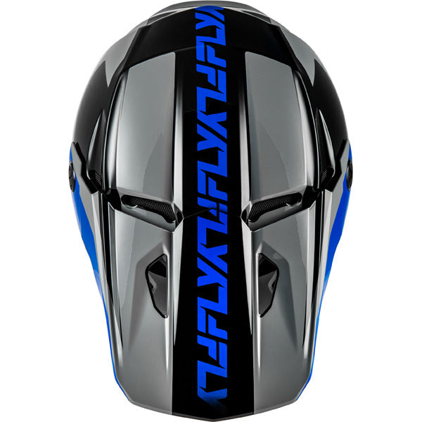 Studio view of fly racing kinetic crest helmet, in red and black and white, on a white studio background, | Fly Racing - Kinetic Crest Helmet | SKU 73-8674 | Colors: Red/Black/White, Grey/Black/Blue, Black/White/Grey, Grey/Black/Hi-Vis | Sizes: XS to 2X | Available at BTO Sports