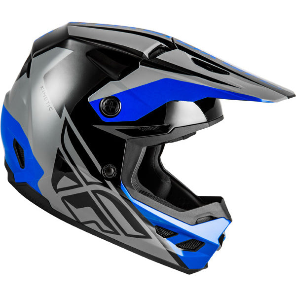 Studio view of fly racing kinetic crest helmet, in red and black and white, on a white studio background, | Fly Racing - Kinetic Crest Helmet | SKU 73-8674 | Colors: Red/Black/White, Grey/Black/Blue, Black/White/Grey, Grey/Black/Hi-Vis | Sizes: XS to 2X | Available at BTO Sports