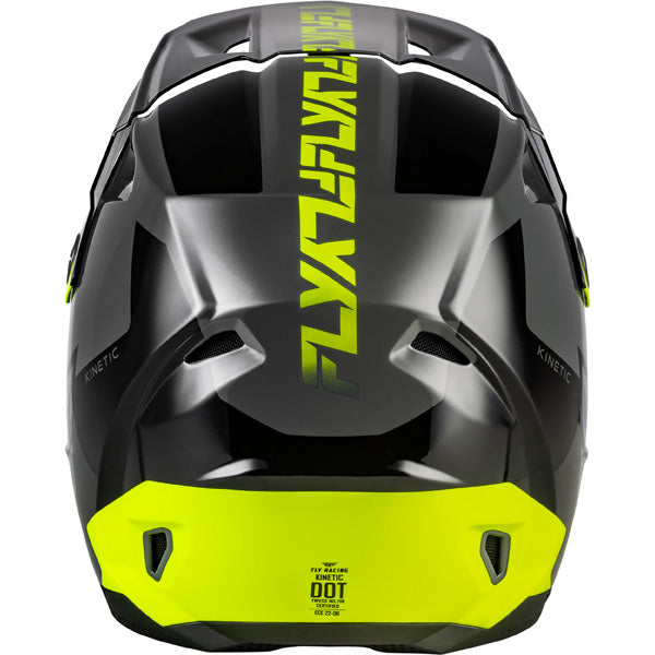 Studio view of fly racing kinetic crest helmet, in grey and black and blue, on a white studio background, | Fly Racing - Kinetic Crest Helmet | SKU 73-8674 | Colors: Red/Black/White, Grey/Black/Blue, Black/White/Grey, Grey/Black/Hi-Vis | Sizes: XS to 2X | Available at BTO Sports