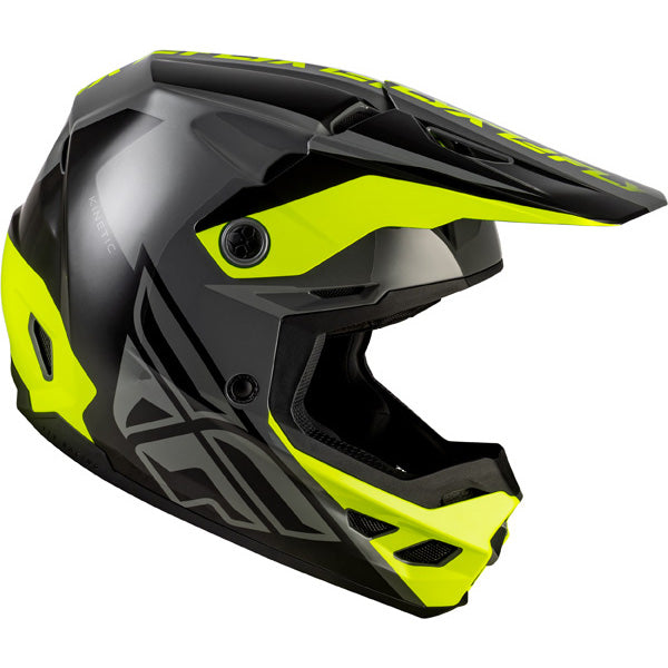 Studio view of fly racing kinetic crest helmet, in grey and black and blue, on a white studio background, | Fly Racing - Kinetic Crest Helmet | SKU 73-8674 | Colors: Red/Black/White, Grey/Black/Blue, Black/White/Grey, Grey/Black/Hi-Vis | Sizes: XS to 2X | Available at BTO Sports