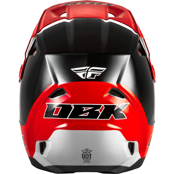 Studio view of fly racing kinetic dbk helmet, in black and red and grey, on a white studio background, | Fly Racing - Kinetic DBK Helmet | SKU 73-8678 | Colors: Black/Red/Grey | Sizes: XS to 2X | Available at BTO Sports