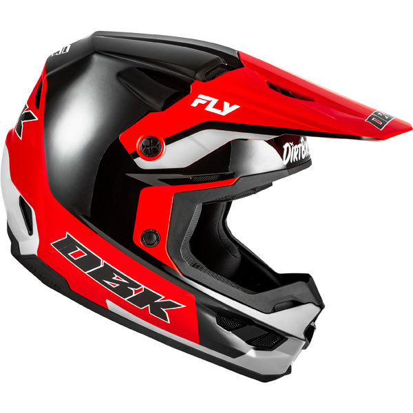 Studio view of fly racing kinetic dbk helmet, in black and red and grey, on a white studio background, | Fly Racing - Kinetic DBK Helmet | SKU 73-8678 | Colors: Black/Red/Grey | Sizes: XS to 2X | Available at BTO Sports