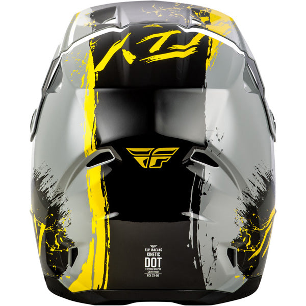 Studio view of fly racing kinetic drip helmet youth, in grey and black and yellow, on a white studio background, | Fly Racing - Kinetic Drip Helmet (Youth) | SKU 73-8679 | Colors: Turquoise/Pink/Yellow, Red/White/Blue, Grey/Black/Yellow | Sizes: Y-SM to Y-LG | Available at BTO Sports