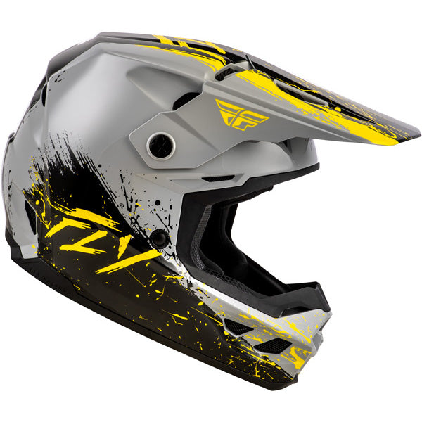 Studio view of fly racing kinetic drip helmet youth, in grey and black and yellow, on a white studio background, | Fly Racing - Kinetic Drip Helmet (Youth) | SKU 73-8679 | Colors: Turquoise/Pink/Yellow, Red/White/Blue, Grey/Black/Yellow | Sizes: Y-SM to Y-LG | Available at BTO Sports