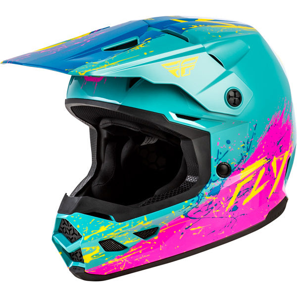 Studio view of fly racing kinetic drip helmet youth, in turquoise and pink and yellow, on a white studio background, | Fly Racing - Kinetic Drip Helmet (Youth) | SKU 73-8679 | Colors: Turquoise/Pink/Yellow, Red/White/Blue, Grey/Black/Yellow | Sizes: Y-SM to Y-LG | Available at BTO Sports