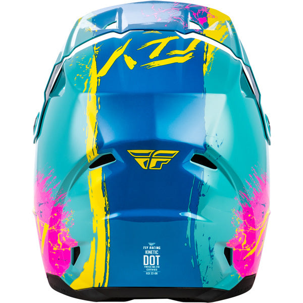 Studio view of fly racing kinetic drip helmet youth, in red and white and blue, on a white studio background, | Fly Racing - Kinetic Drip Helmet (Youth) | SKU 73-8679 | Colors: Turquoise/Pink/Yellow, Red/White/Blue, Grey/Black/Yellow | Sizes: Y-SM to Y-LG | Available at BTO Sports