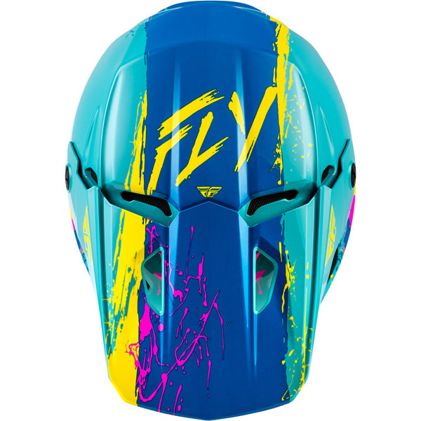 Studio view of fly racing kinetic drip helmet youth, in red and white and blue, on a white studio background, | Fly Racing - Kinetic Drip Helmet (Youth) | SKU 73-8679 | Colors: Turquoise/Pink/Yellow, Red/White/Blue, Grey/Black/Yellow | Sizes: Y-SM to Y-LG | Available at BTO Sports