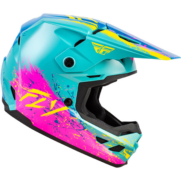 Studio view of fly racing kinetic drip helmet youth, in turquoise and pink and yellow, on a white studio background, | Fly Racing - Kinetic Drip Helmet (Youth) | SKU 73-8679 | Colors: Turquoise/Pink/Yellow, Red/White/Blue, Grey/Black/Yellow | Sizes: Y-SM to Y-LG | Available at BTO Sports