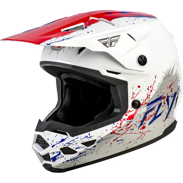 Studio view of fly racing kinetic drip helmet youth, in red and white and blue, on a white studio background, | Fly Racing - Kinetic Drip Helmet (Youth) | SKU 73-8679 | Colors: Turquoise/Pink/Yellow, Red/White/Blue, Grey/Black/Yellow | Sizes: Y-SM to Y-LG | Available at BTO Sports