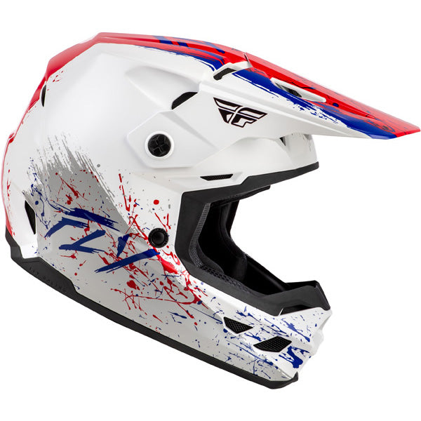Studio view of fly racing kinetic drip helmet youth, on a white studio background | Fly Racing - Kinetic Drip Helmet (Youth) | SKU 73-8679 | Colors: Turquoise/Pink/Yellow, Red/White/Blue, Grey/Black/Yellow | Sizes: Y-SM to Y-LG | Available at BTO Sports