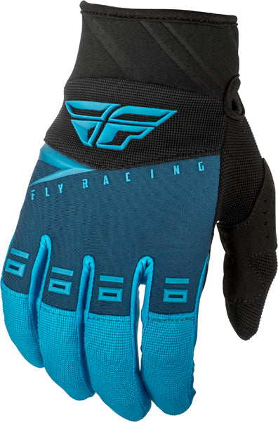 Product image of Fly Racing f 16 gloves blue blk hivis motocross gloves showing fit, construction, and colorway | Available at BTO Sports