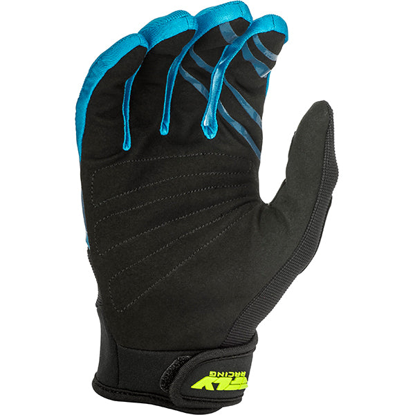 Product image of Fly Racing f 16 gloves blue blk hivis13 motocross gloves showing fit, construction, and colorway | Available at BTO Sports