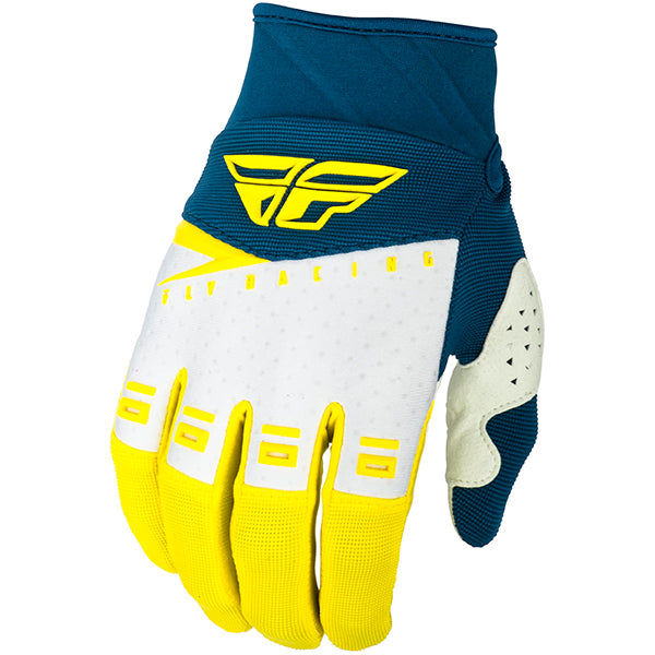 Product image of Fly Racing f 16 gloves ylw wht nvy12 motocross gloves showing fit, construction, and colorway | Available at BTO Sports