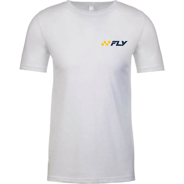Clean studio shot of Fly Racing Victory Tee; showing tee fit, printed graphics, and crew neckline; SKU 354-0326S; Colors: Black, White, Midnight Navy