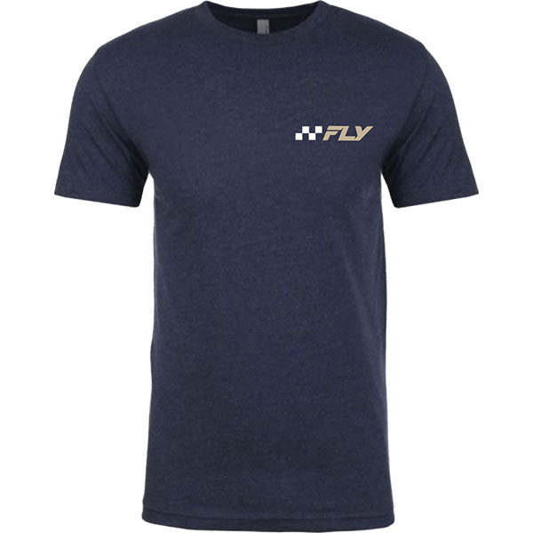 Crisp studio image on a white background of Fly Racing Victory Tee; showing tee fit, printed graphics, and crew neckline; SKU 354-0326S; Sizes: S-2XL