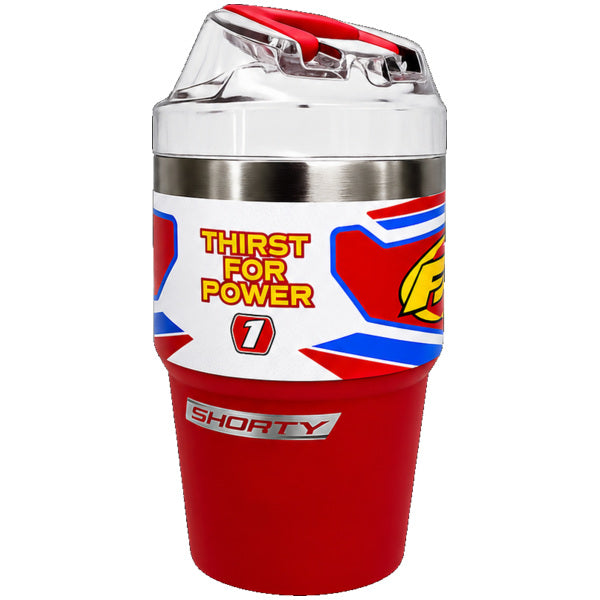 FMF Shorty 16-ounce tumbler in red, front view with red flip-top lid, Thirst for Power graphics, and Shorty logo, SKU 73-2393, UPC 843293167469