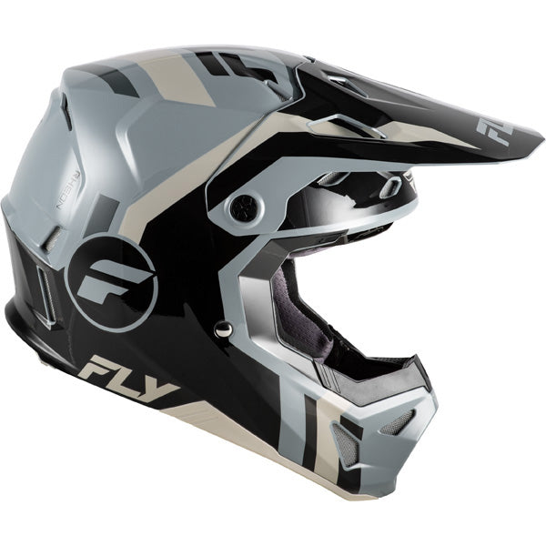 Studio view of fly racing formula cp seal helmet youth, in white and black and red, on a white studio background, | Fly Racing - Formula CP Seal Helmet (Youth) | SKU 73-0040 | Colors: White/Black/Red, Black/Grey/Light Grey, Navy Blue/Grey, Matte Stone/Khaki/Olive | Available at BTO Sports