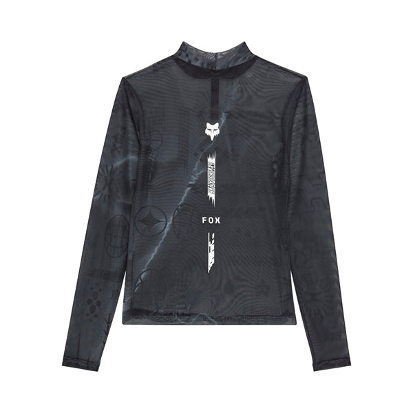 Professional studio photo of Fox Racing Image Cosmo Mesh Long Sleeve Tee (Womens); showing long-sleeve cut, printed graphics, and crew neckline