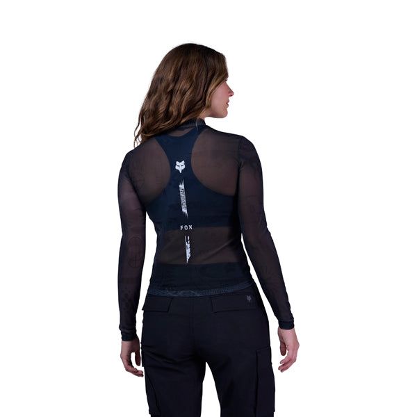 High-resolution studio image of Fox Racing Image Cosmo Mesh Long Sleeve Tee (Womens); showing long-sleeve cut, printed graphics, and crew neckline