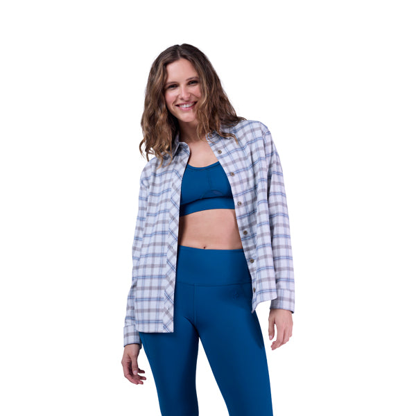 Crisp studio image on a white background of Fox Racing; showing flannel shirt fit, button front, and plaid pattern; SKU 36577-329-XS