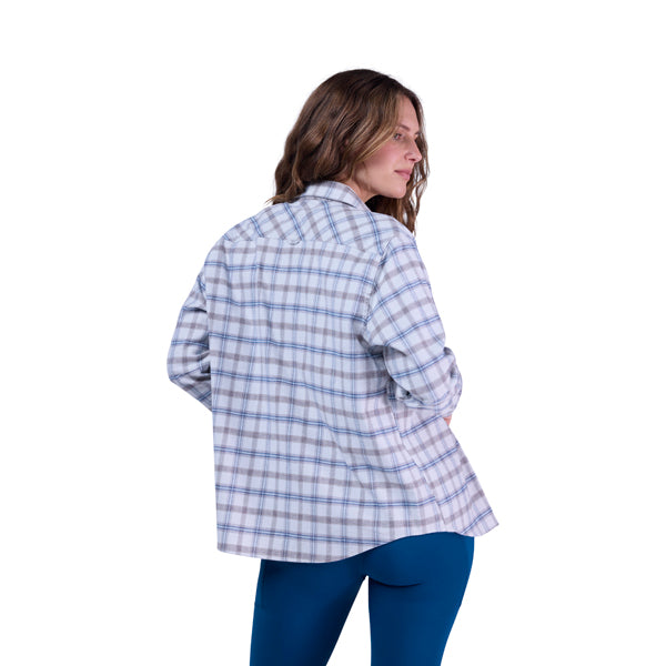 High-resolution studio image of Fox Racing Survivalist Core Flannel; showing flannel shirt fit, button front, and plaid pattern; SKU 36577-266-XS