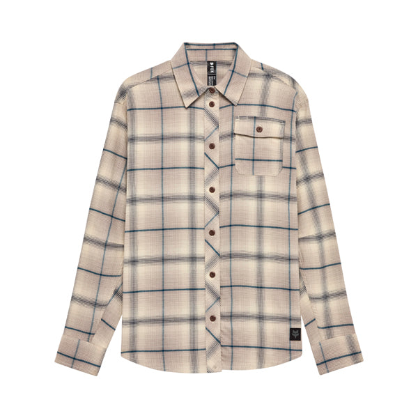 Clean studio shot of Fox Racing Survivalist Stretch Flannel (Womens); showing flannel shirt fit, button front, and plaid pattern; SKU 36578-A03-XS