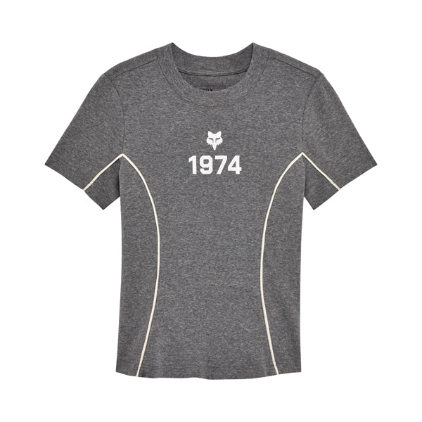 Studio photo on a white background of Fox Racing Moto-X Fitted Tee (Womens); showing tee fit, printed graphics, and crew neckline; SKU 36700-185-XS